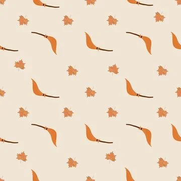 Repeating Pattern of Witch's Brooms and Autumnal Leaves on Beige Background Stock Illustration