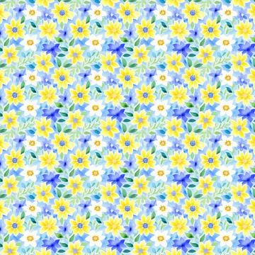 Repeating pattern of yellow and blue flowers with green leaves Stock Illustration