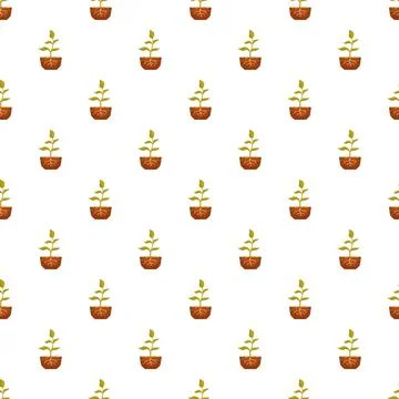 Repeating pattern of young green seedlings growing in soil 库存插图