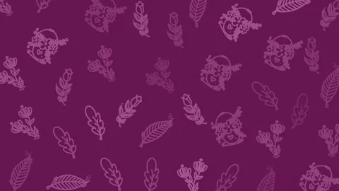 Repeating patterns of baskets, leaves, and flowers on purple backdrop. Suitable  Stock Footage 323772686