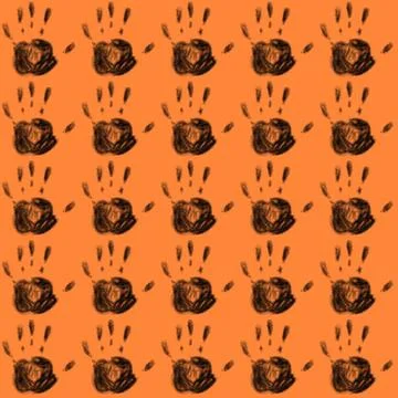 Repeating Pumpkin Handprint Halloween Pattern on Orange Stock Illustration