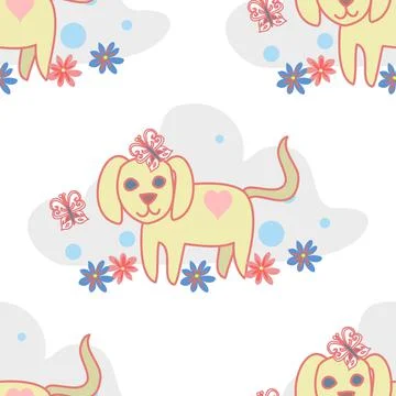 Repeating Puppy Vector Repeat Pattern With Flowers On White Stock Illustration