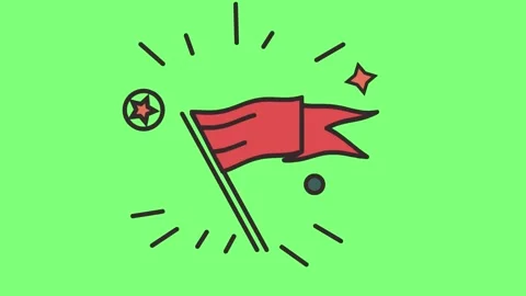 Repeating red flag icons animated against vibrant light green background for Stock Footage 346122349