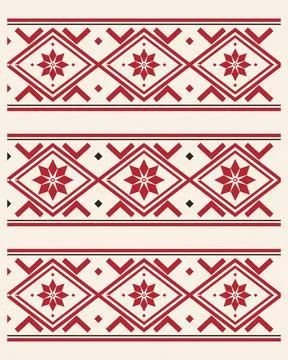 A repeating red geometric folk pattern stretches across a warm cream backgr.. Stock Illustration