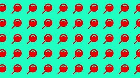 Repeating Red Magnifying Glass Search Icon Pattern on Teal Background Stock Footage 344909282