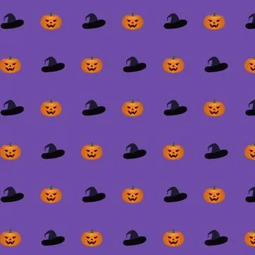 Repeating seamless pattern of pumpkins and Halloween hats. Stock Illustration