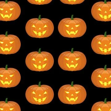 Repeating seamless pattern of pumpkins on a black background. Illustrazione stock