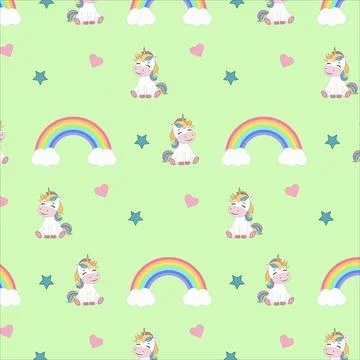Repeating seamless pattern with unicorns, rainbows, stars and hearts Illustrazione stock