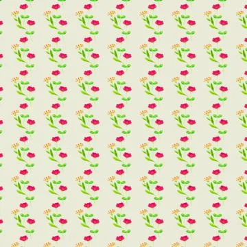 Repeating small  pink and yellow flowers. Beige background. Stock Illustration