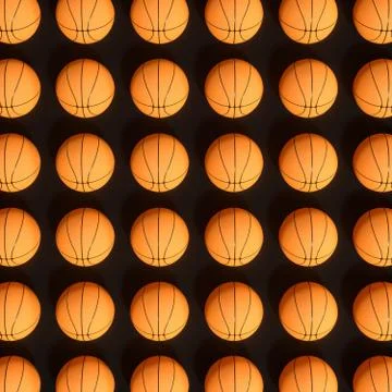Repeating sports ball pattern with black background, 3d rendering. Illustrazione stock