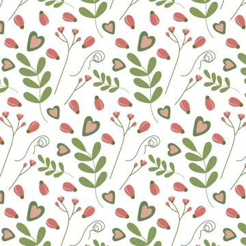 Repeating spring pattern with green twigs, pink flowers, buds and hearts in Stock Illustration