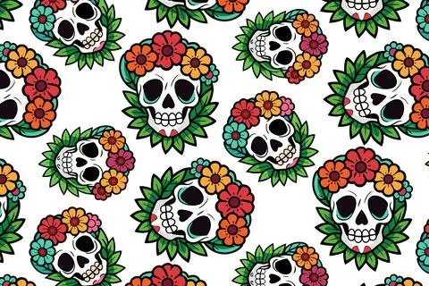 Repeating sugar skull pattern with vibrant flowers Stock Illustration