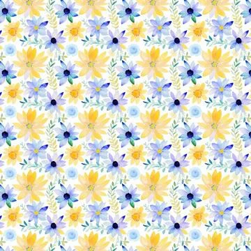 Repeating summer watercolor floral pattern, alternating blue, yellow, white Stock Illustration