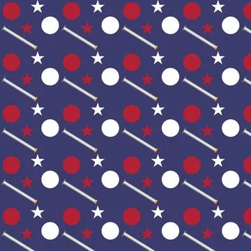 A repeating vector pattern featuring baseball bats, red circles, and white st Stock Illustration