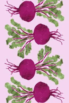 A repeating vertical pattern of beetroots on a pink background, ideal for ... Stock Photos