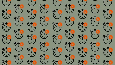 Repetitive Pattern of Alarm Clocks with Orange Arrows on a Grey Background. Stock Footage 325389523