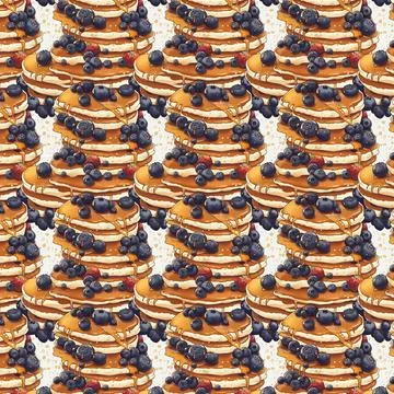 Repetitive pattern of fluffy pancakes, layered with blueberries and maple syrup. Illustrazione stock