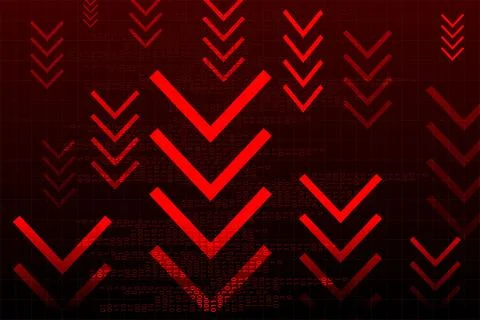 Repetitive red down arrows over binary background indicate system-wide decline Stock Illustration