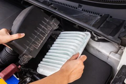 Replace the new and clean car air filter by hand. Foto stock