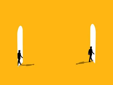 Replace workers. New employees walk in the door and old employees walk out .. Stock Illustration