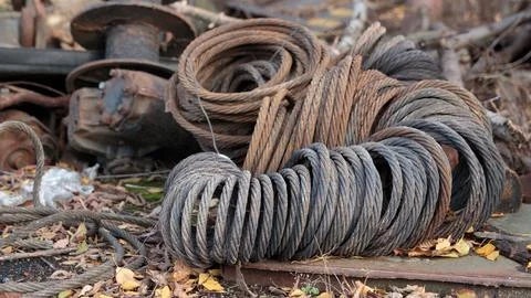 Replacement of the cable of the crane machine. rusty used metal cable Stock Photos