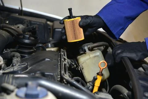 Replacement of car oil filter Stock Photos