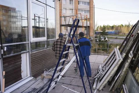 Replacement of double-glazed windows in shop windows, reconstruction of the s Stock Photos
