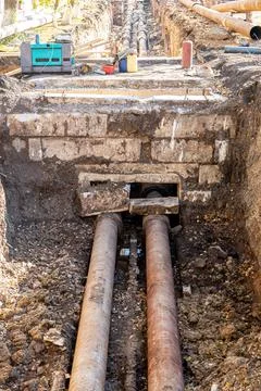 Replacement of heating pipes and modernization of the heating system Stock Photos