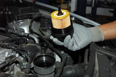 Replacement of oil filter Stock Photos