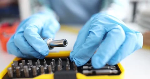 Replacement set of screwdrivers with heads and nozzles closeup Stock Footage 169079281