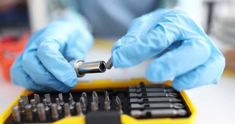 Replacement set of screwdrivers with heads and nozzles closeup Stock Footage 276280039