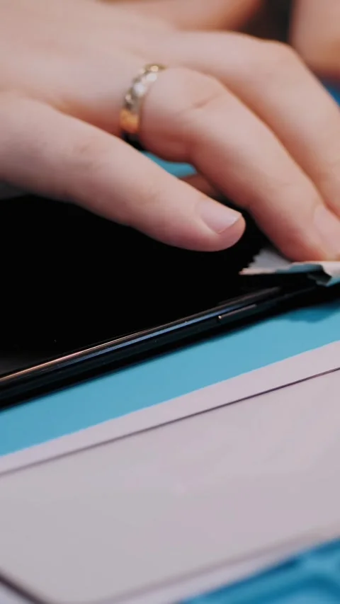 Replacement of smartphone screen protective glass. process of cleaning the Video stock 323370795