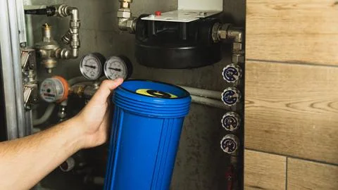 Replacing the filter element in the home water purification system close-up Stock Photos