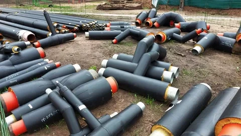Replacing old underground hot water heating pipes with new ones. Excavation of Stock Footage 297850633