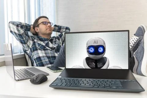 Replacing a person with artificial intelligence. the programmer is resting, t Stock Photos
