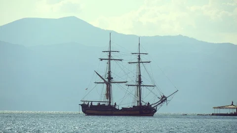 Replica Of Historic Sailing Ship Passes The Bay Stock Footage 99185074