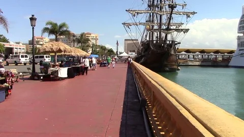 Replica Pirate Ship in Port, Old San Juan, Puerto Rico, USA Stock Footage