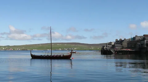 Replica viking longship and Lerwick waterfront Shetland, Scotland Stock Footage 39537553
