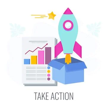 Report with chart, rocket flies out of the box. Stock Illustration