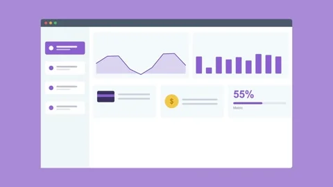 Report dashboard in browser with charts and stat cards, violet 스톡 동영상 342593898