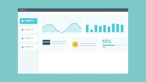 Report dashboard in browser with charts and stat cards, teal Vídeos de archivo 342593907