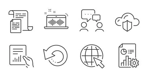 Report, Document and Recovery data icons set. Music making, Internet and Cloud Stock Illustration