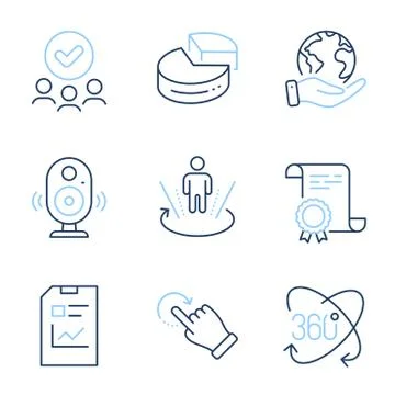 Report document, Full rotation and Pie chart icons set. Speaker, Augmented Illustrazione stock