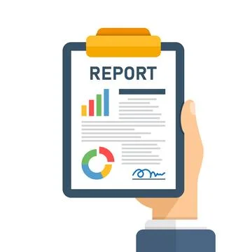 Report document in hand icon in flat style. Dashboard plan vector illustrat.. Illustrazione stock