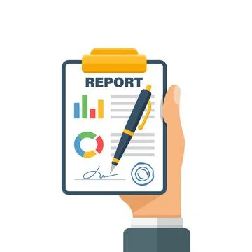 Report document in hand icon in flat style. Dashboard plan vector illustrat.. Illustrazione stock