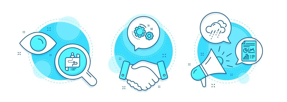 Report document, Journey path and Gears icons set. Rainy weather sign. Vector Illustrazione stock