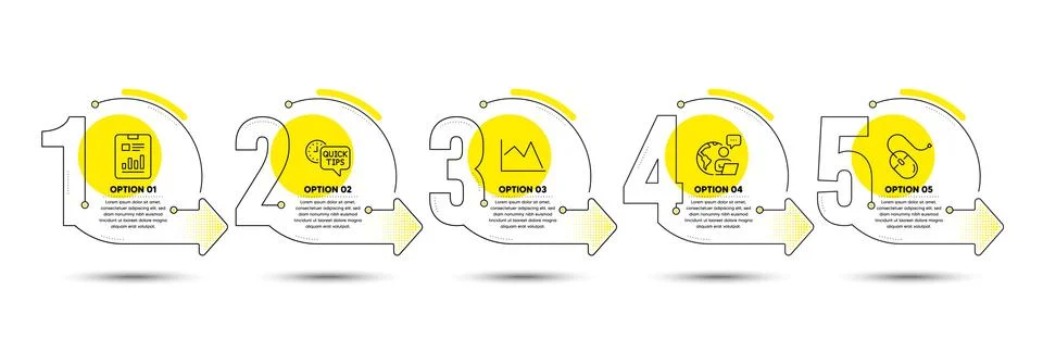 Report document, Quick tips and Computer mouse icons set. Line chart sign Stock-Illustration