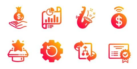 Report document, Technical algorithm and Jazz icons set. Vector Illustrazione stock