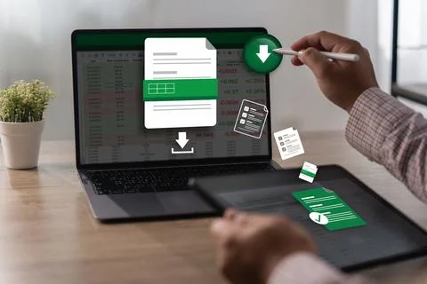 Report Download and Data Export workflow Export document sharing document t.. Stock Photos