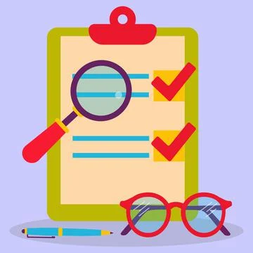 Report. Glasses, pen, document holder, flat-style badges. Stock Illustration